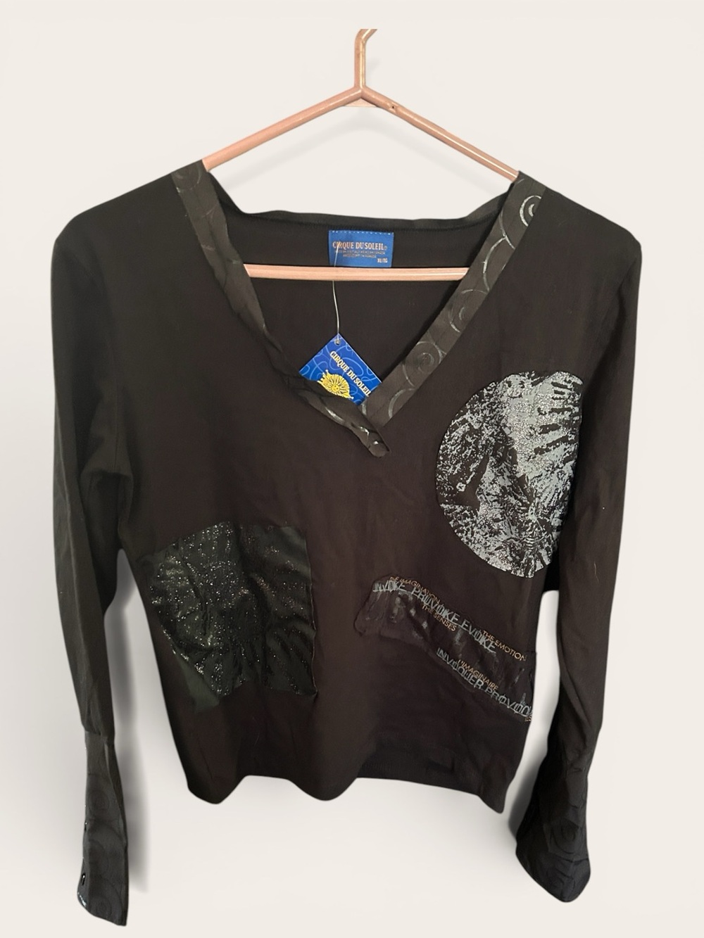 Unique and rare Black Long-Sleeve V-Neck Top with Silver Print